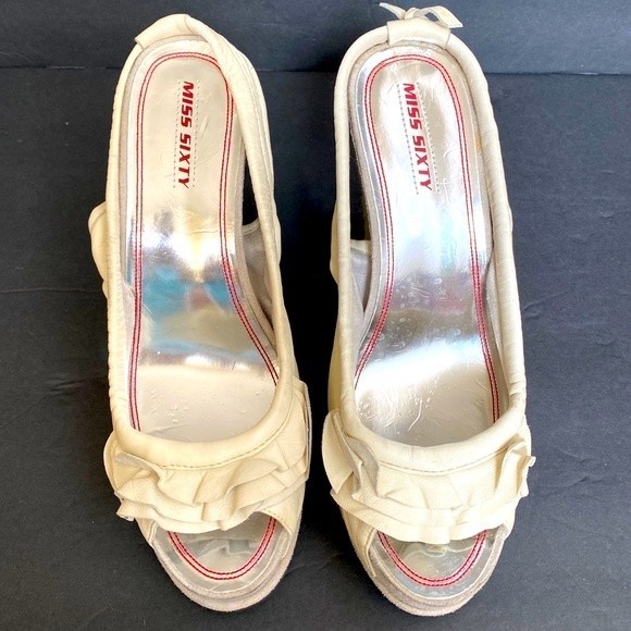 Miss Sixty Kate Wedge ruffled leather W/elastic straps Heel Ivory - Picture 9 of 14